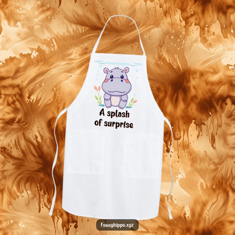 Funny Kawaii Hippo Apron depicting a surprised face emerging from underwater, a humorous kitchen accessory.
