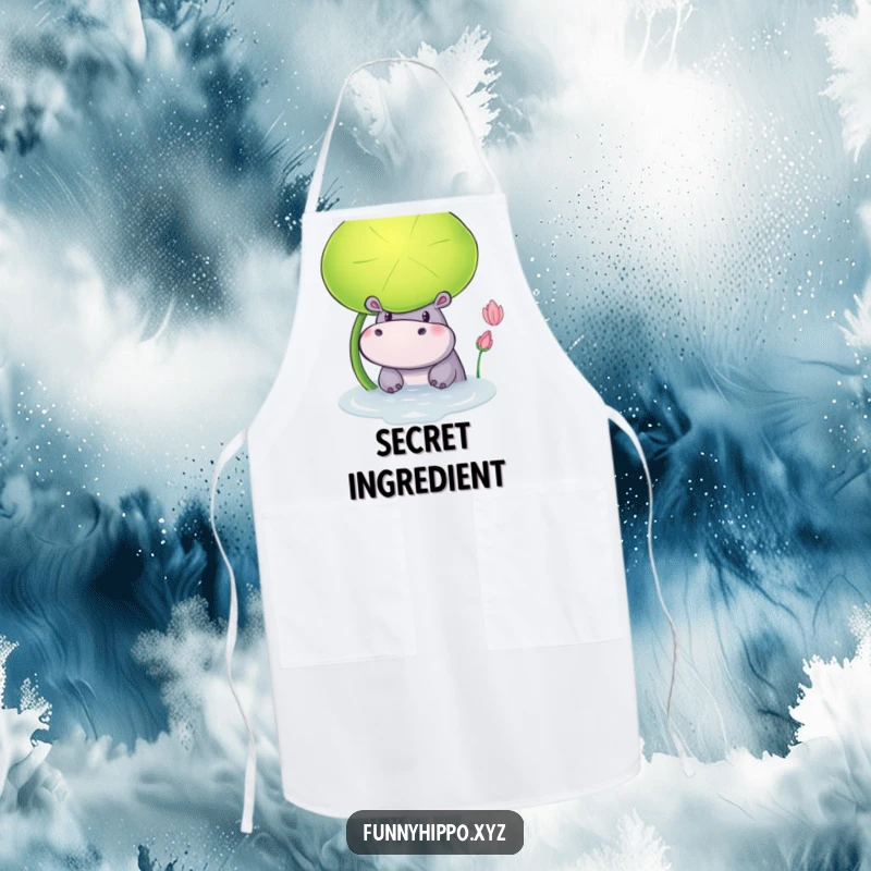Funny Apron with a Curious Hippo Peeking from Behind a Giant Lily Pad, ready for culinary adventures