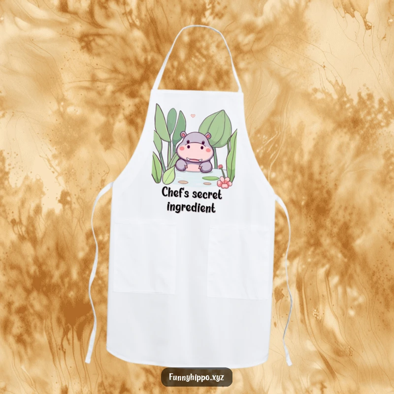 Funny kawaii hippo peeking playfully from behind a large, friendly water plant on this durable and cute apron.