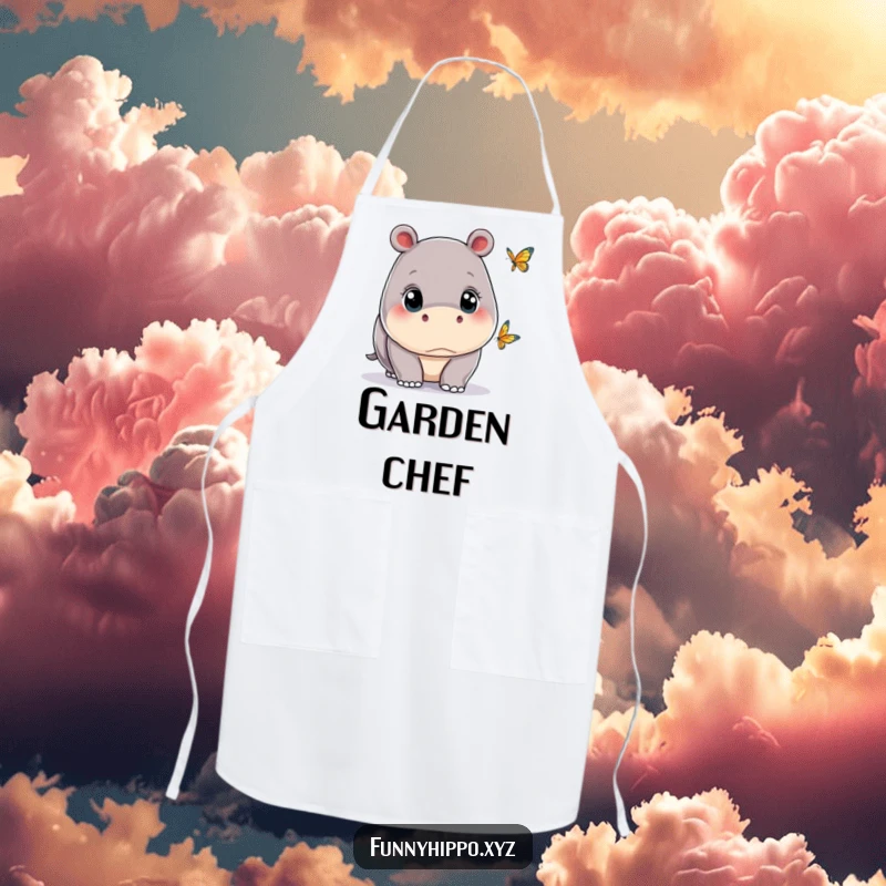 Funny kawaii hippo with wide eyes, observing a tiny butterfly, illustrated on a practical and amusing kitchen apron.