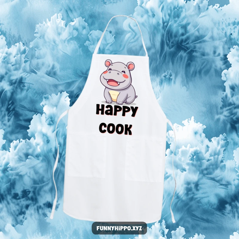 Funny kawaii hippo wiggling its ears with immense delight, illustrated on a practical and amusing kitchen apron.