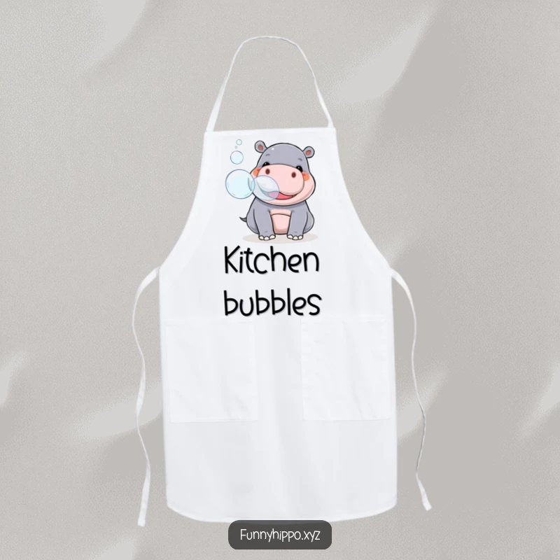 Funny kawaii hippo playfully blowing large bubbles from its snout, illustrated on a practical and amusing kitchen apron.