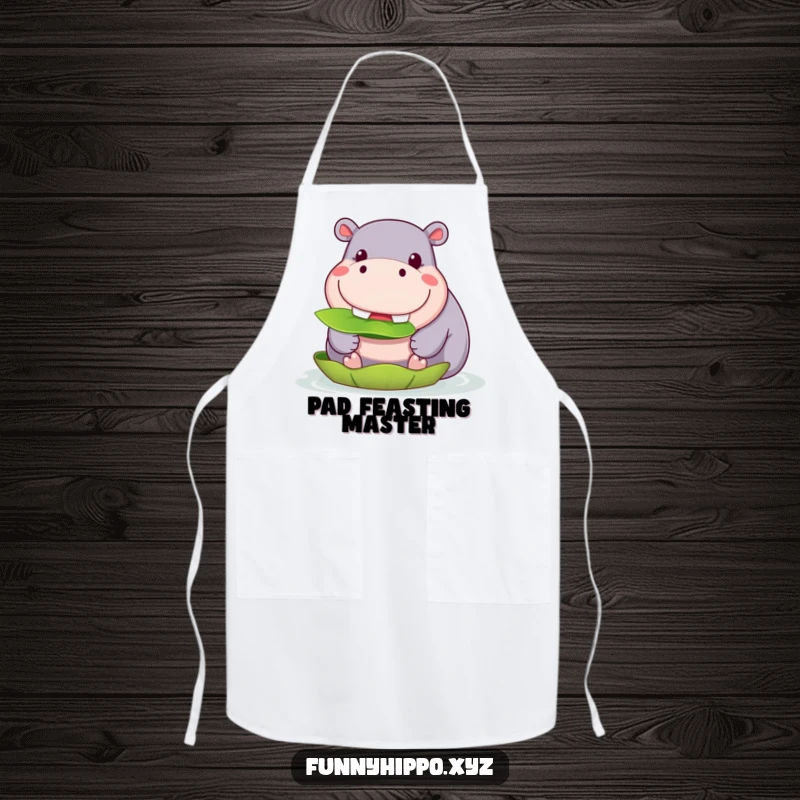 Funny Kawaii Hippo Apron showing a cute hippo grinning and munching on a lily pad, a practical and funny accessory.