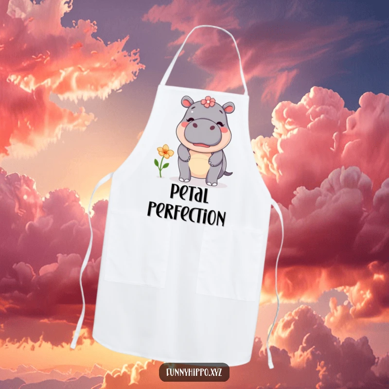 Funny kawaii hippo attempting to balance a flower on its nose, illustrated on a practical and amusing kitchen apron.