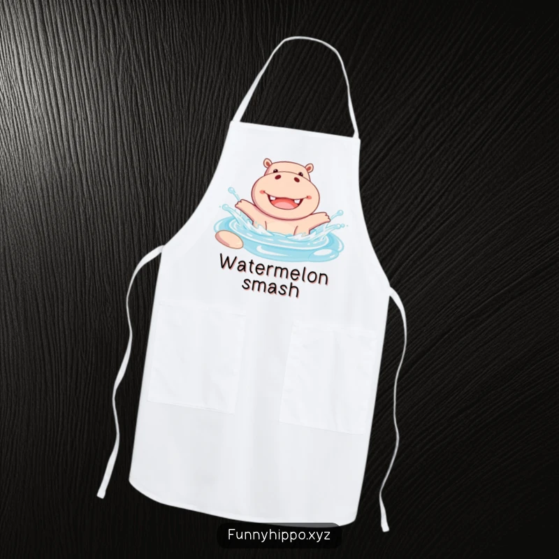 Funny Apron featuring a Cheerful Hippo Joyfully Splashing in a Pool, ready for kitchen duty