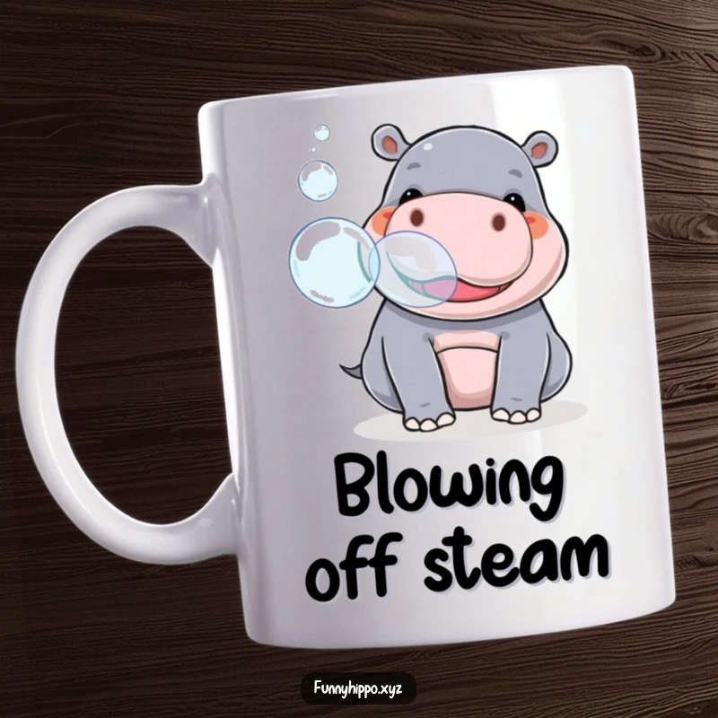 Funny kawaii hippo playfully blowing giant, iridescent bubbles from its snout, looking delighted and whimsical.