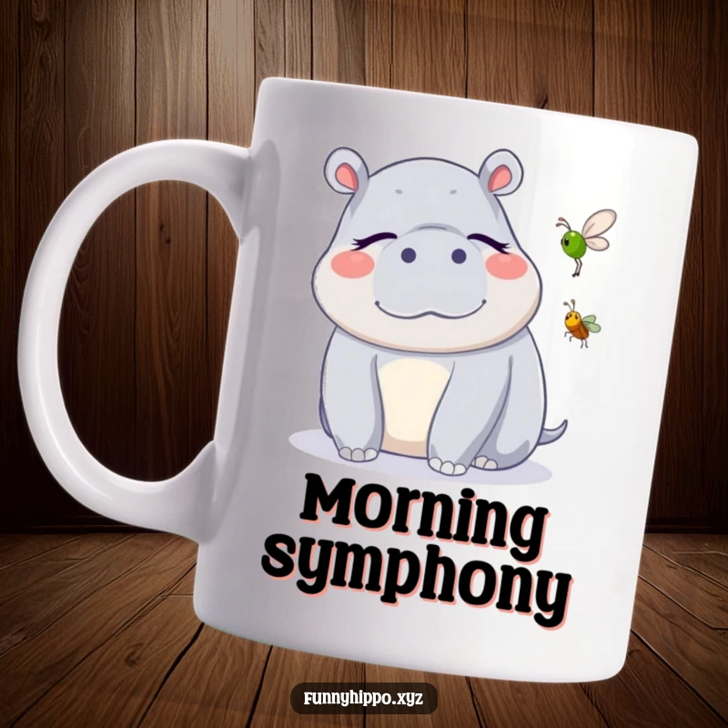 Funny Kawaii Hippo Mug featuring a cute hippo with closed eyes blissfully listening to a cricket, a calming funny gift.