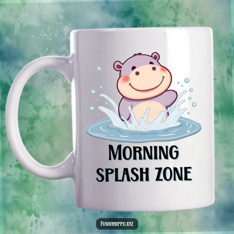 Funny Kawaii Hippo Mug featuring a cute hippo joyfully splashing in a puddle, creating a magnificent spray, a hilarious gift.
