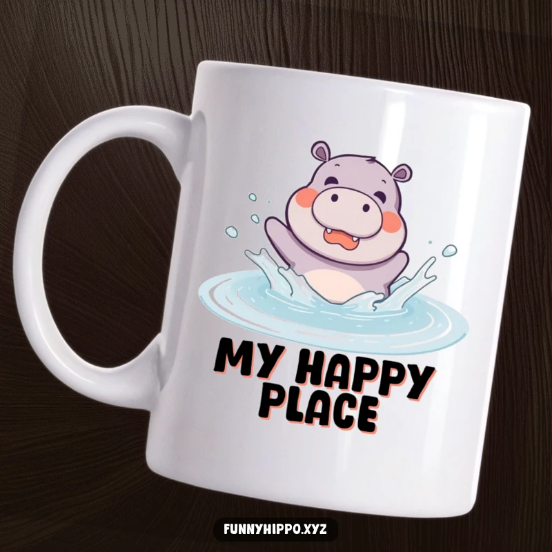 Funny kawaii hippo joyfully splashing enthusiastically in a giant puddle, water droplets flying, conveying pure delight.