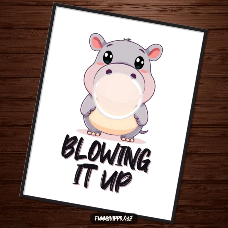 Funny Digital Art Print of a Happy Hippo with Wide Eyes Blowing a Large Bubble, whimsical and charming wall decor