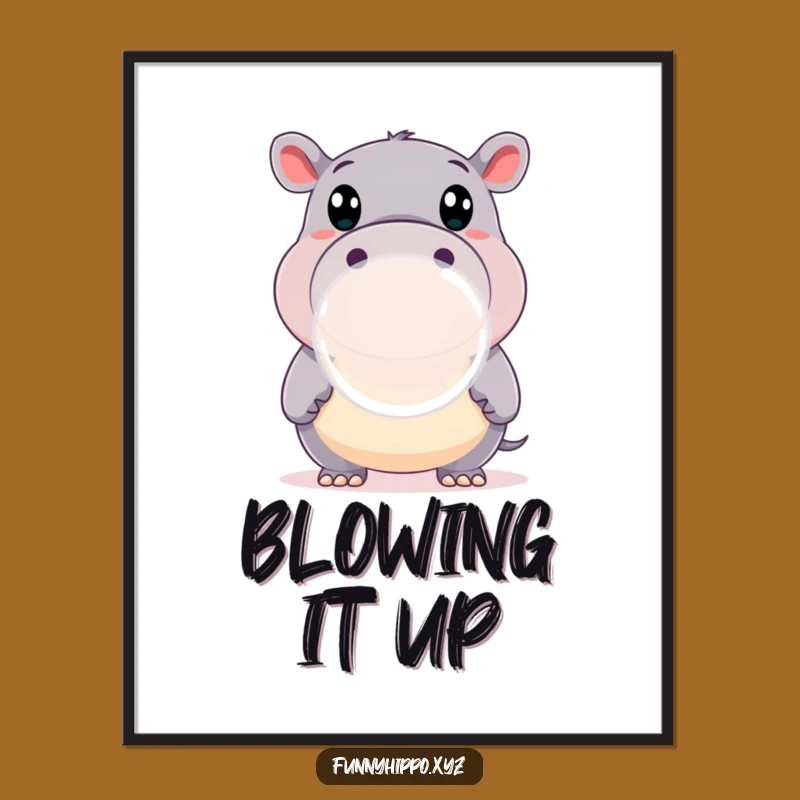 Funny Hippo Bubble Digital Art: Happy Wide-Eyed Hippo Blowing Big Bubble Perfect Instant Gift
