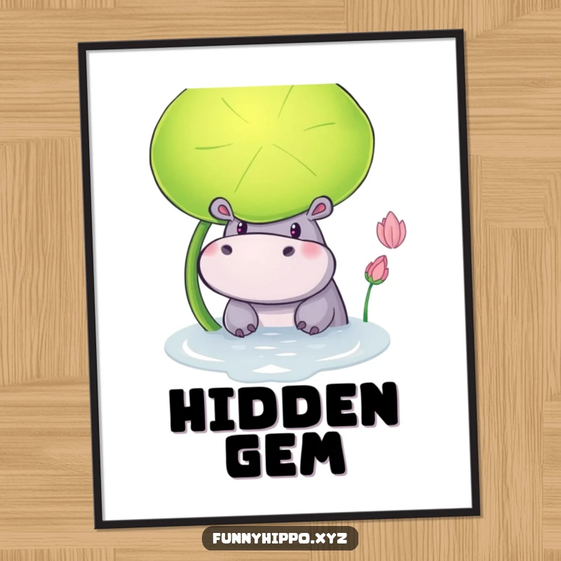 Funny Digital Art Print of a Curious Hippo Peeking from Behind a Giant Lily Pad, whimsical and engaging wall decor