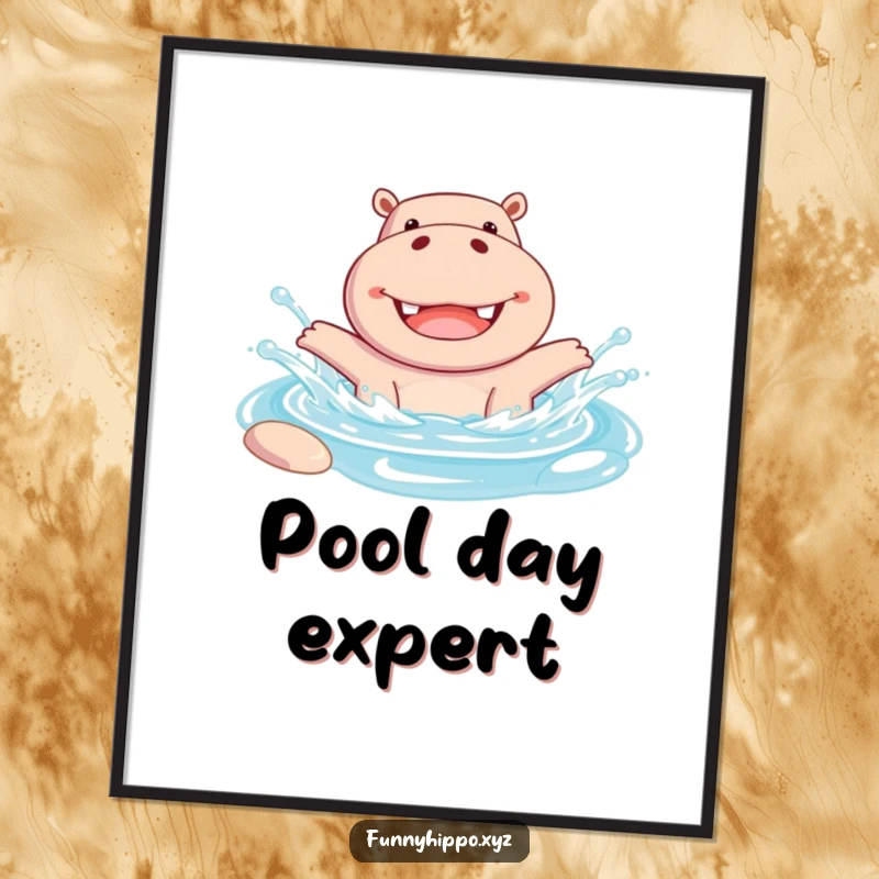 Funny Digital Art Print of a Cheerful Hippo Joyfully Splashing in a Pool, vibrant and energetic wall decor