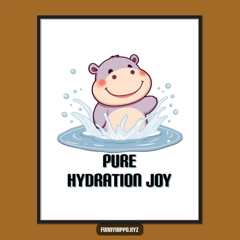 Funny Kawaii Hippo Splashing Digital Art Print: Joyful Water Decor