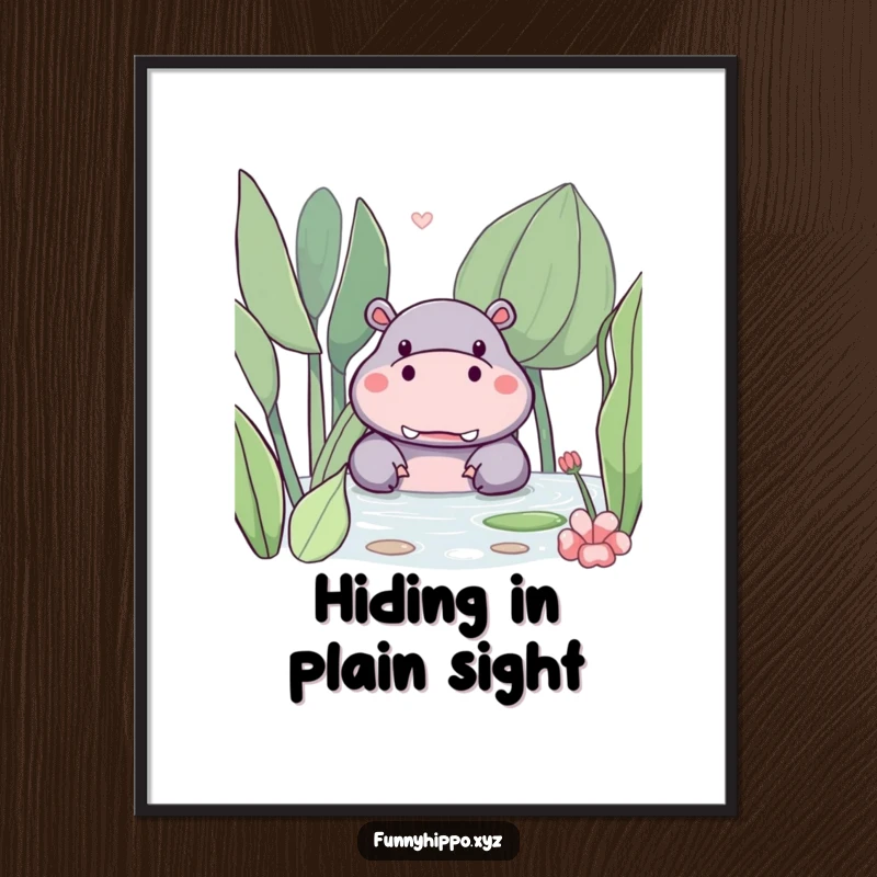Funny kawaii hippo peeking from behind a lush, friendly water plant, rendered as a vibrant digital art print.