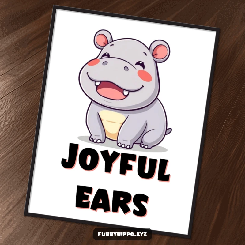 Funny kawaii hippo wiggling its ears with immense delight, printable digital art showcasing pure happiness.