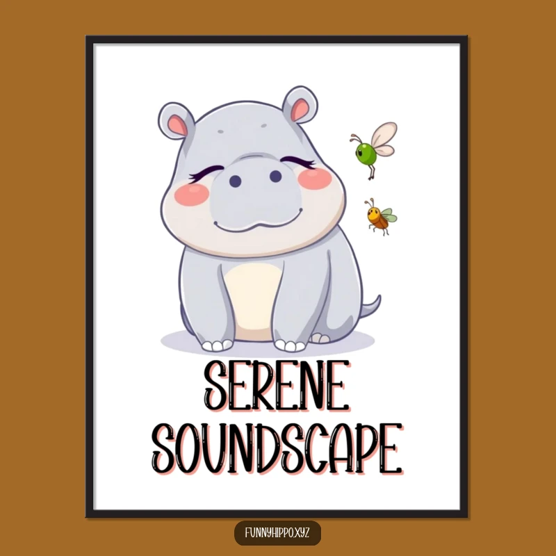 Funny Kawaii Hippo Listening Digital Art Print: Blissful Serenity Decor