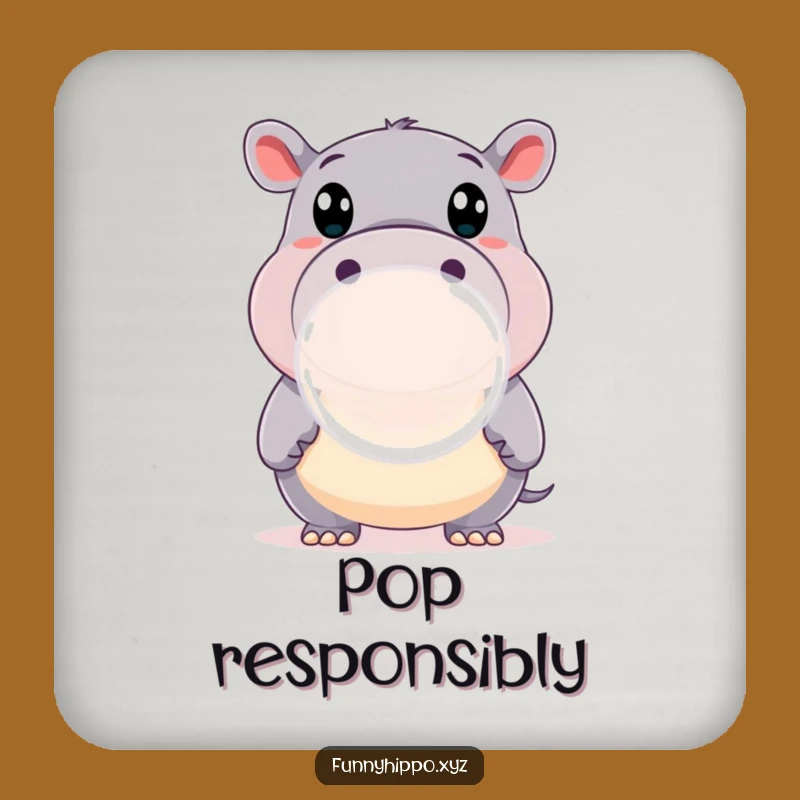 Funny Hippo Bubble Coaster: Happy Wide-Eyed Hippo Blowing Big Bubble Perfect Party Gift