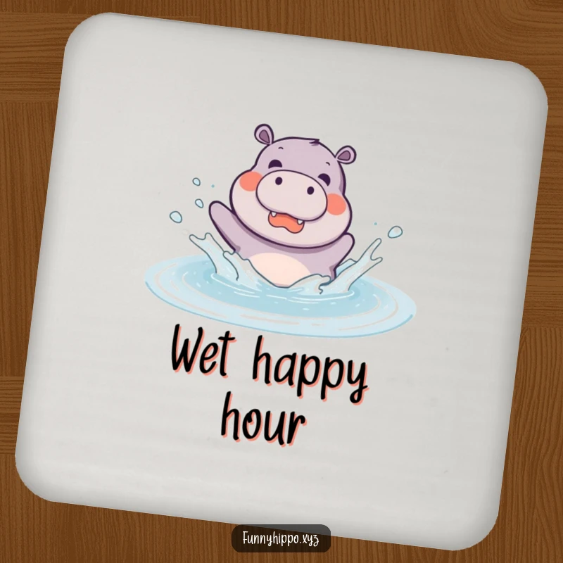 Funny kawaii hippo joyfully splashing in a puddle, depicted on protective coasters for drinks, adding humor.