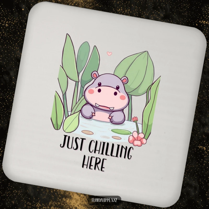 Funny kawaii hippo peeking from behind a big, friendly water plant on this protective and cute drink coaster.