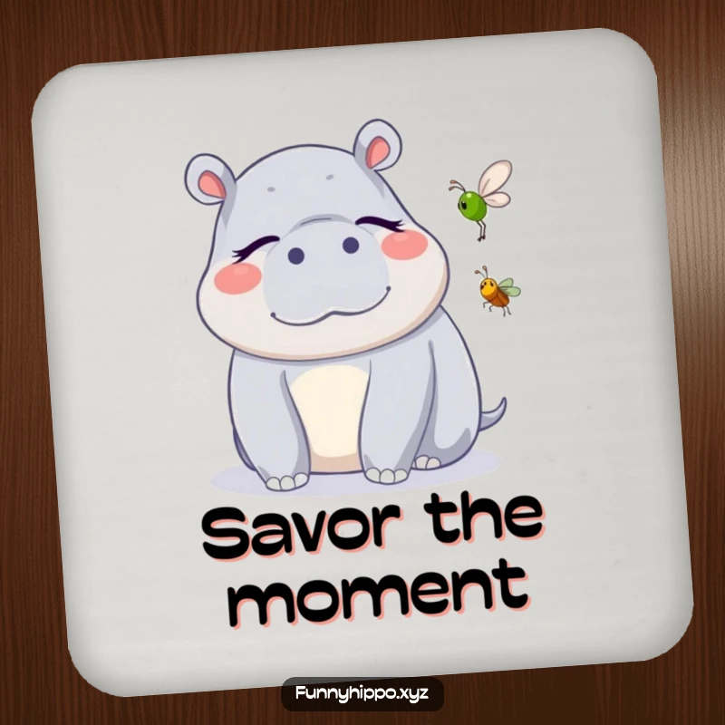 Funny Kawaii Hippo Drink Coaster showing a cute hippo blissfully listening to a cricket, a protective and charming funny accessory.