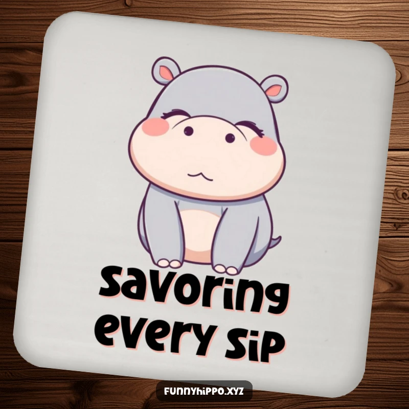 Funny Kawaii hippo character with eyes closed in pure delight, a protective drink coaster.
