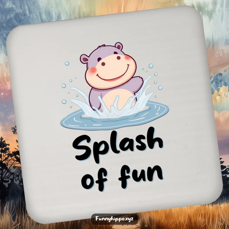 Funny Kawaii Hippo Drink Coaster showing a cute hippo splashing water, a protective and charming funny accessory.