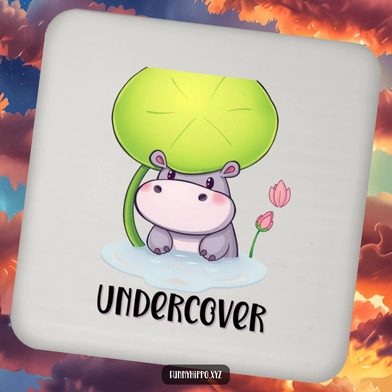 Funny Coaster featuring a Curious Hippo Peeking from Behind a Lily Pad, protecting surfaces with charm
