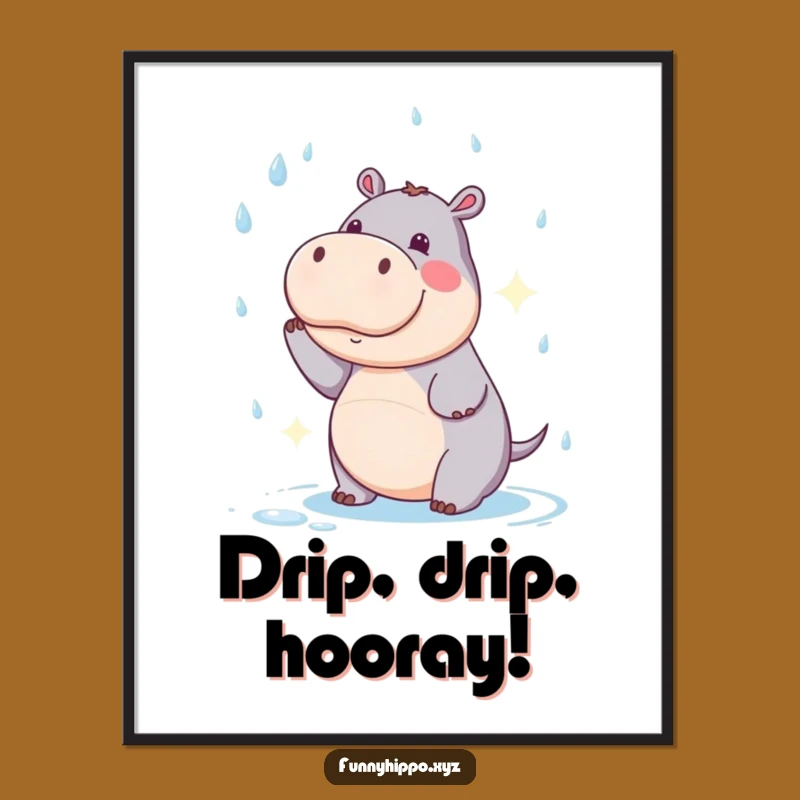 Funny Kawaii Hippo Poster: Comical Raindrop Chase Art, Hilarious Wall Decor