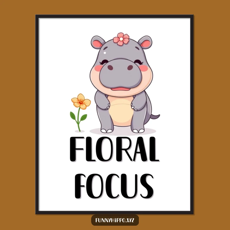 Funny Kawaii Hippo Flower Poster - Balancing Hippo Nose Art Print