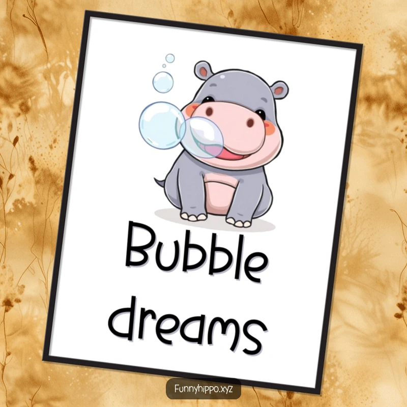Funny kawaii hippo playfully blowing large bubbles from its snout, depicted as vibrant and whimsical wall art.