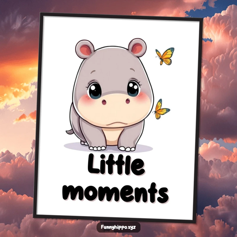 Funny kawaii hippo with wide, curious eyes, observing a tiny butterfly, depicted as serene wall art.