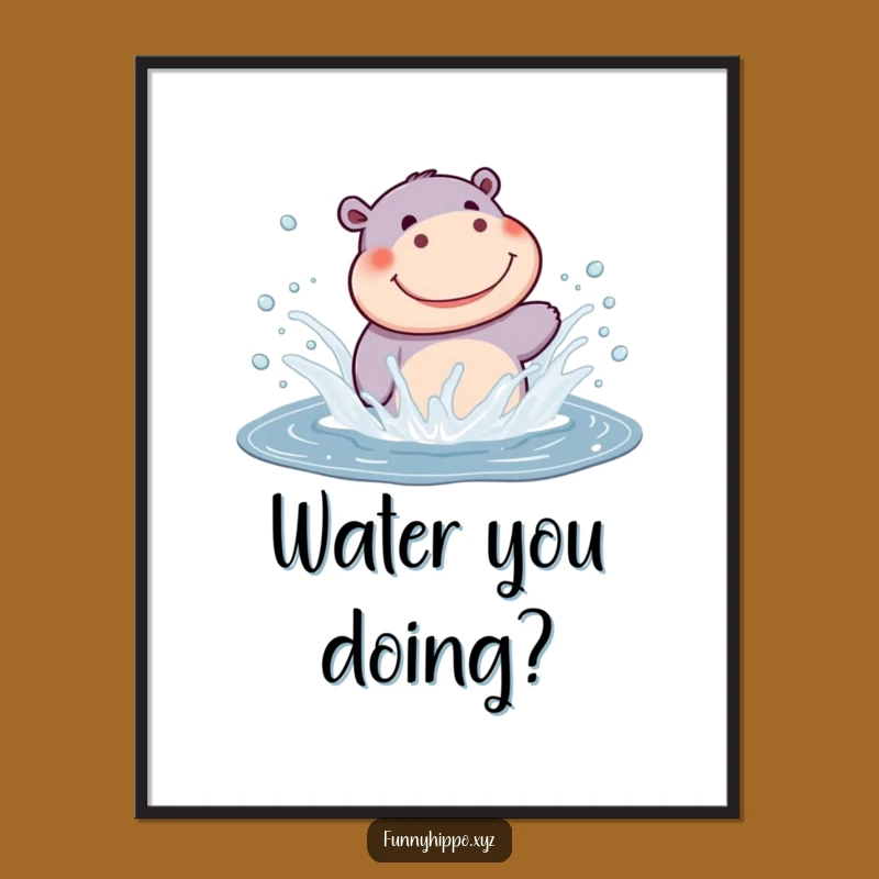 Funny Kawaii Hippo Splashing Poster: Joyful Wall Art for a Happy Space