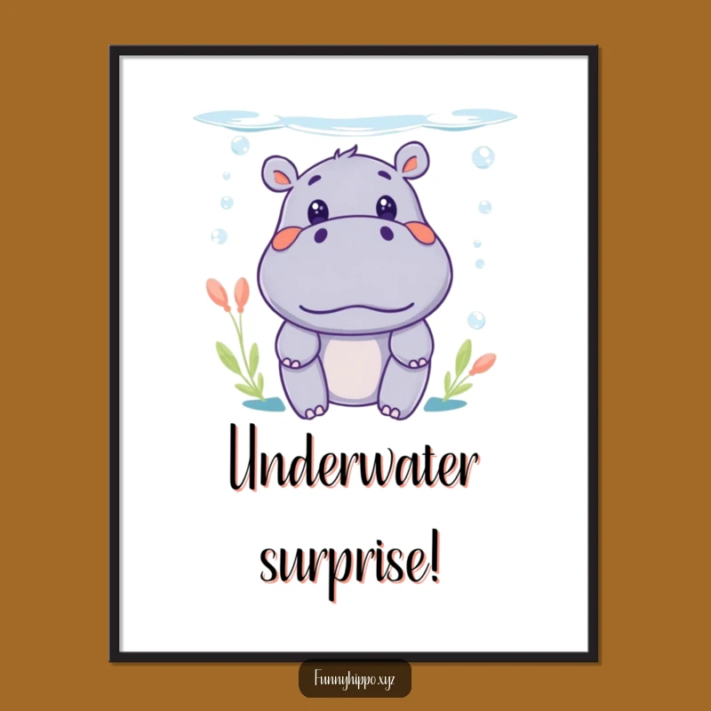 Funny Kawaii Hippo Surprise Poster: Underwater Shock Art, Wall Decor