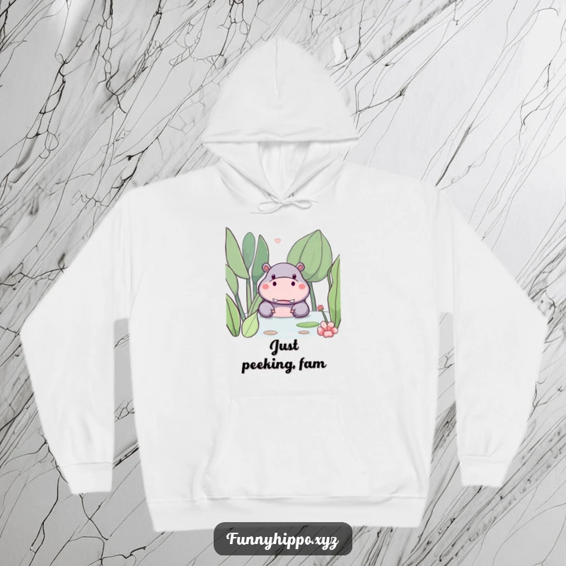Funny kawaii hippo peeking from behind a giant, friendly water plant, featured on this soft and cozy hoodie.