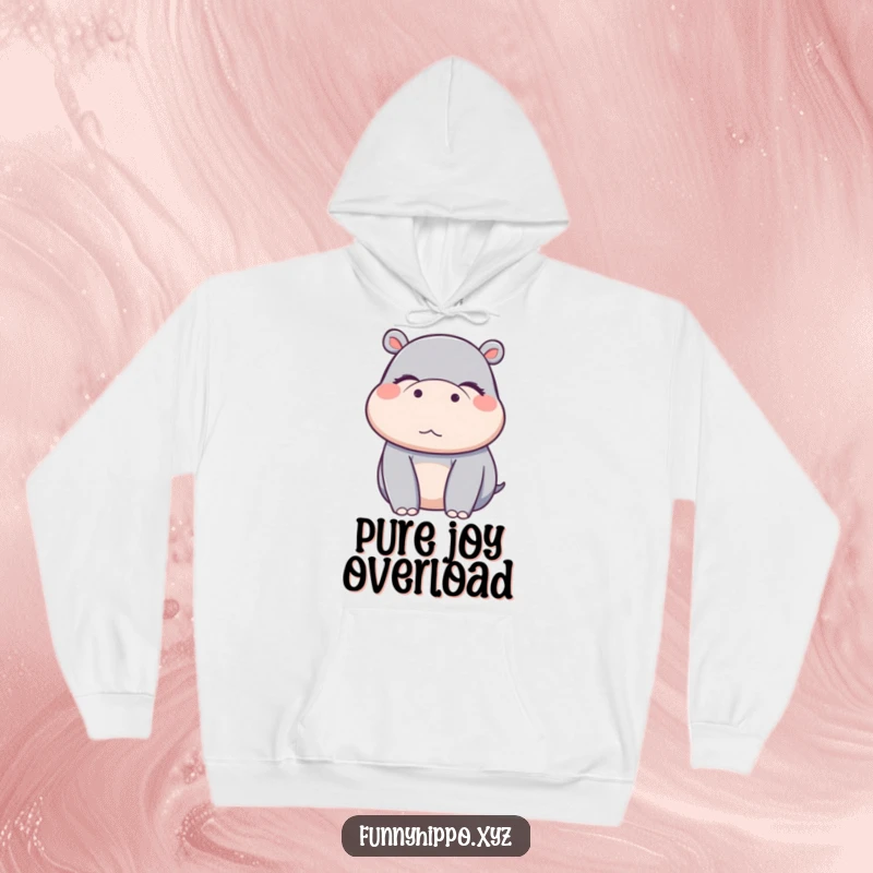 Funny Kawaii hippo character with eyes shut in sheer delight, a cozy and comforting hoodie design.