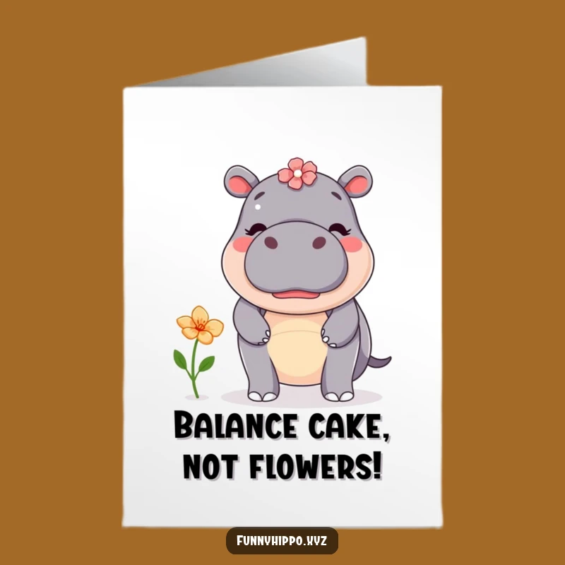 Free Printable Birthday Card: Kawaii Hippo Flower Balance - Funny Downloadable Gift!