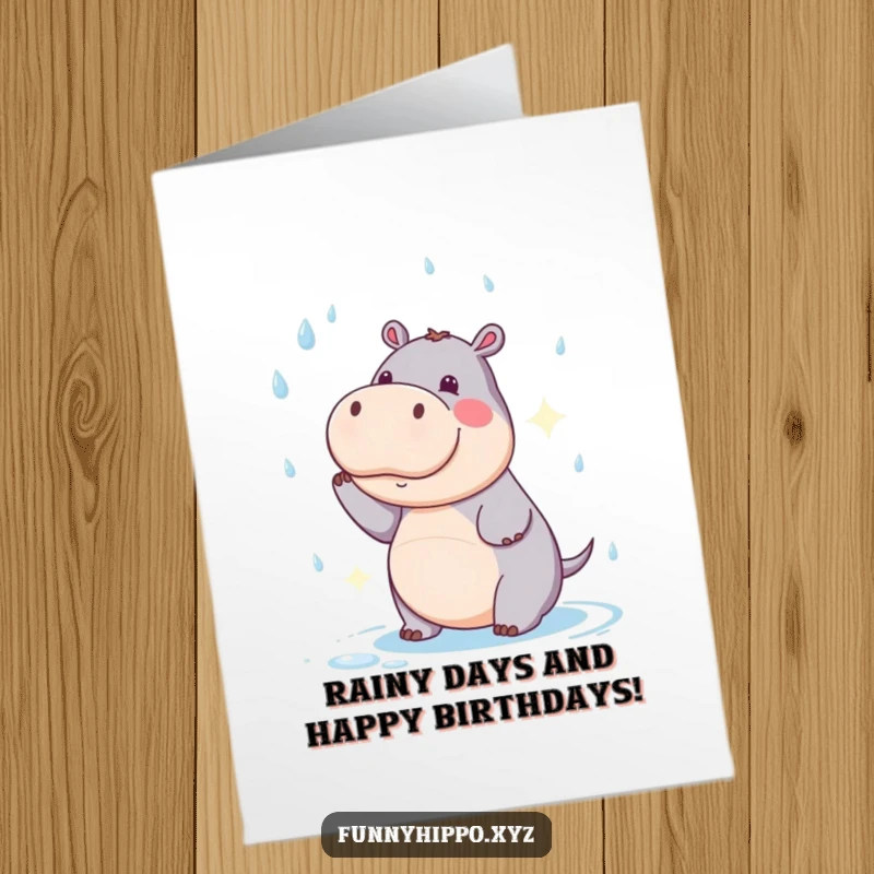 Funny Free Printable Hippo Birthday Card: A cute hippo comically tries to catch falling raindrops, looking surprised and delighted.