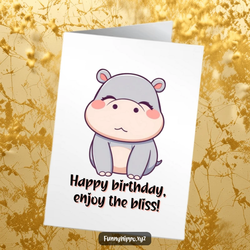 Funny Free Printable Birthday Card: A Kawaii hippo with eyes closed in pure, blissful delight.