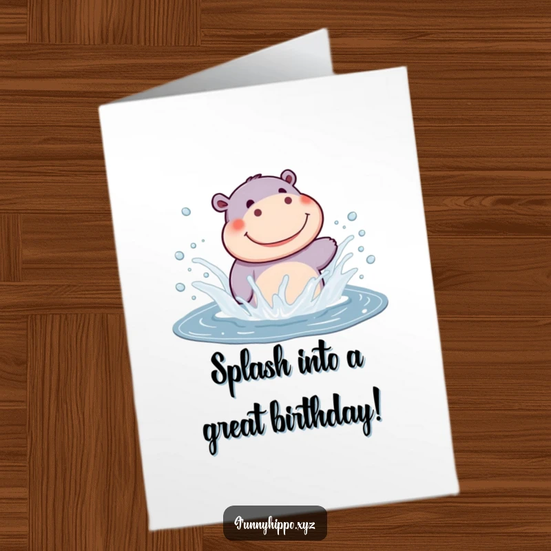 Funny Free Printable Hippo Birthday Card, a kawaii hippo joyfully splashing water with a huge, happy spray.