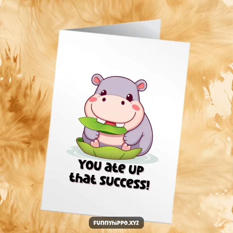 Funny Free Printable Hippo Congratulations Card, a kawaii hippo beaming while enjoying a big lily pad.