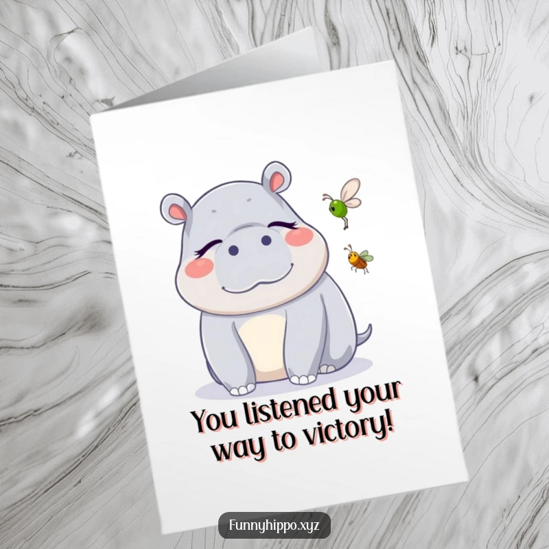 Funny Free Printable Hippo Congratulations Card, a kawaii hippo blissfully listening to a cricket, embodying peace.