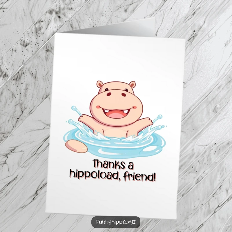 Funny Free Printable Thank You Card: Adorable hippo happily splashing in water, offering thanks with a beaming smile, great for a DIY gift.