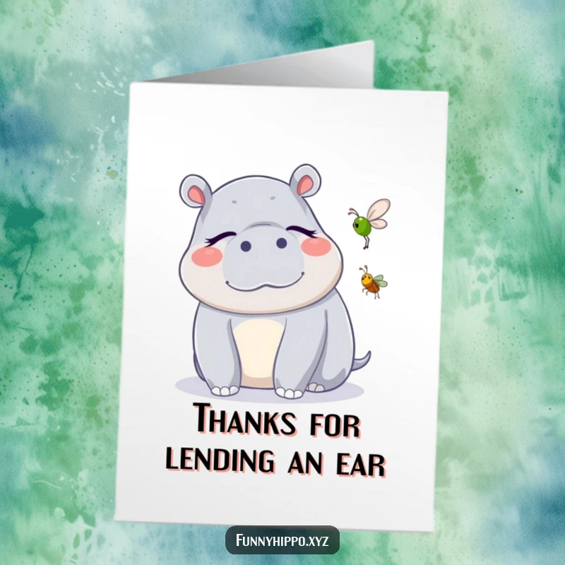 Funny Free Printable Hippo Thank You Card, a kawaii hippo peacefully listening to a cricket, sending thanks.