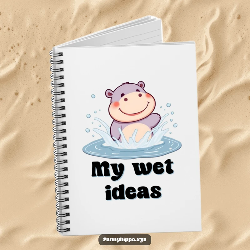 Funny Kawaii Hippo Notebook with a cute hippo splashing in a puddle, an inspiring and funny journal for all your notes.