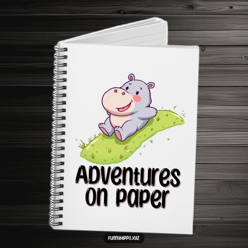 Funny Kawaii hippo character happily sliding down a grassy slope, a lined notebook for recording adventures.