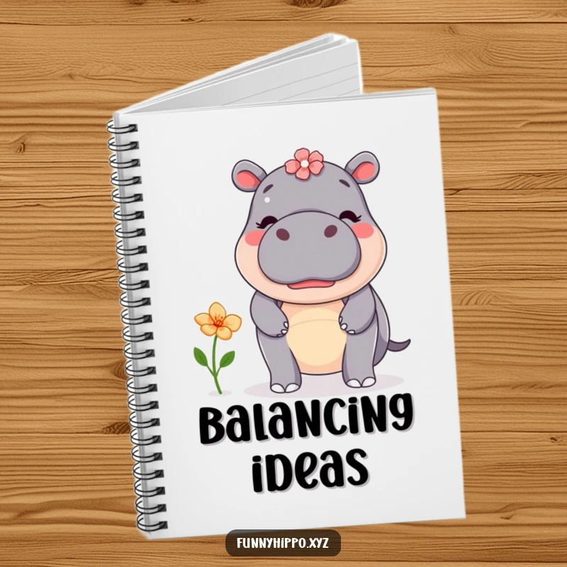 Funny kawaii hippo attempting to balance a flower on its nose, featured on a cute notebook cover for everyday use.