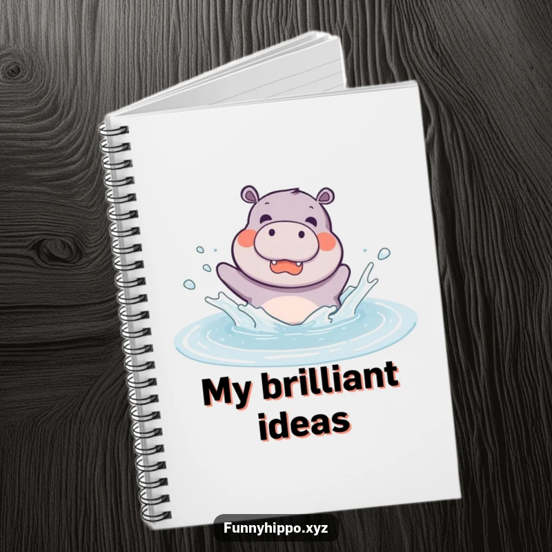 Funny kawaii hippo joyfully splashing in a puddle, featured on a cute notebook cover for everyday use.