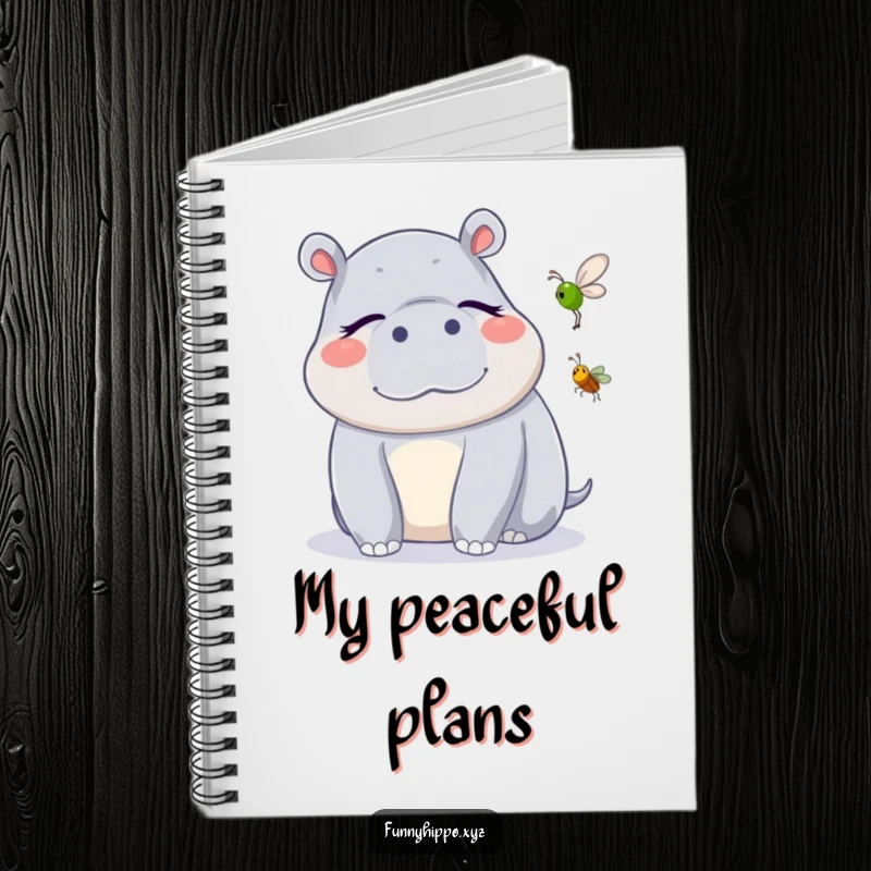 Funny Kawaii Hippo Notebook with a cute hippo blissfully listening to a cricket, an inspiring and funny journal.