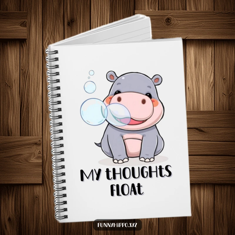 Funny kawaii hippo playfully blowing giant bubbles from its snout, featured on a cute notebook cover for everyday use.
